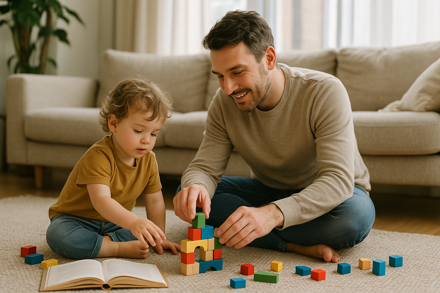 Father guiding toddler in stacking colorful wooden blocks during everyday play to boost early childhood learning.