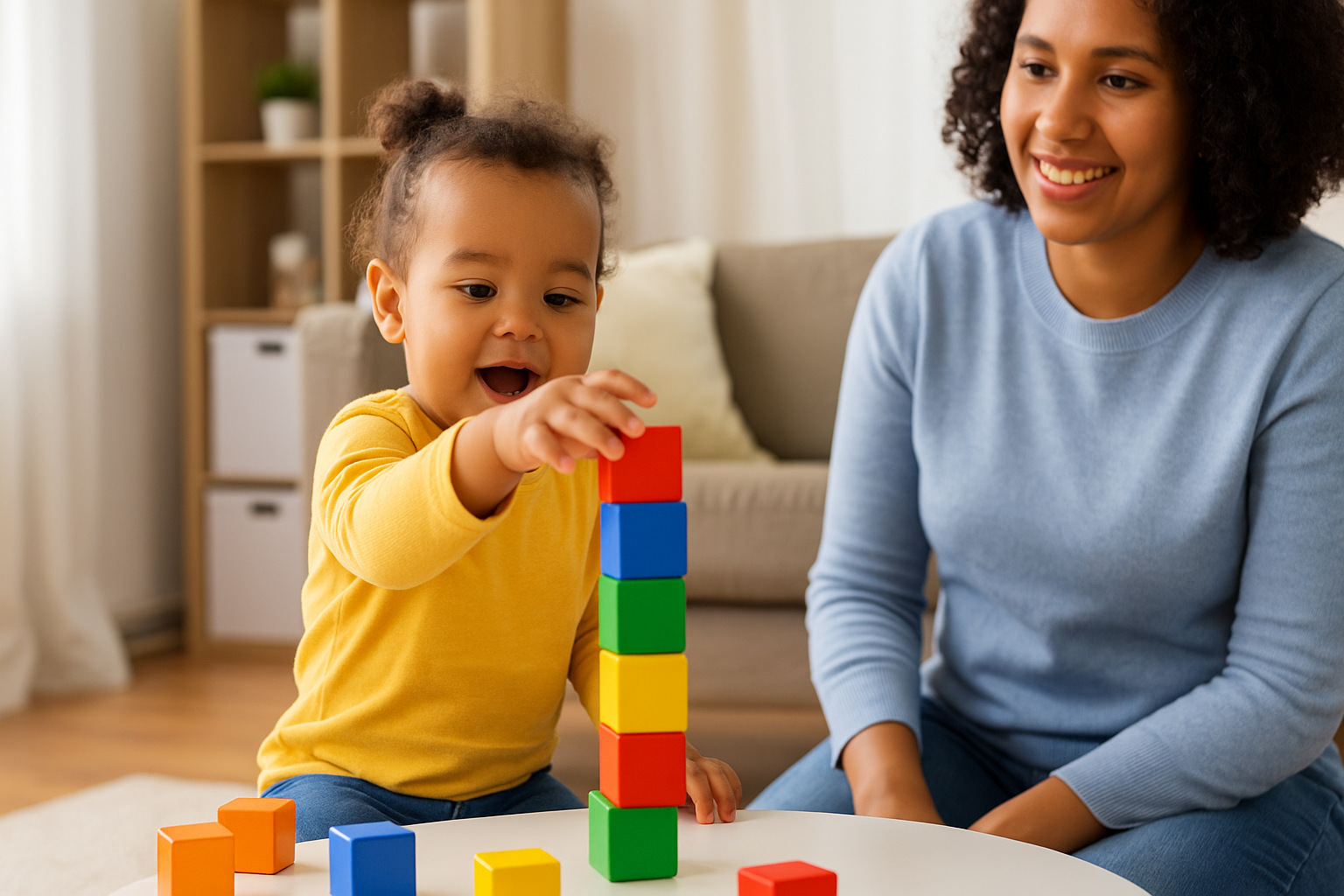 Toddler stacking colorful wooden blocks while a smiling parent watches, illustrating everyday play that boosts early childhood learning